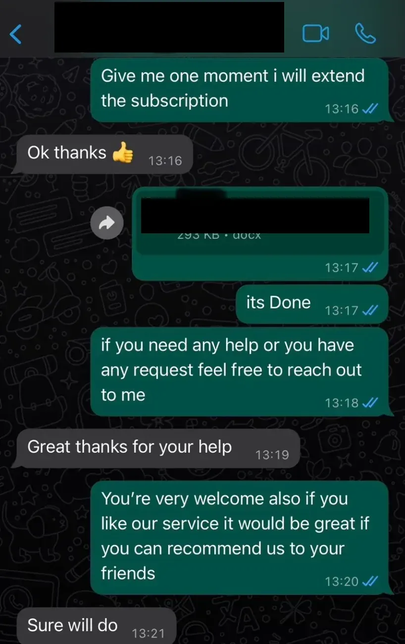 WhatsApp conversation with a customer, 4 of 7